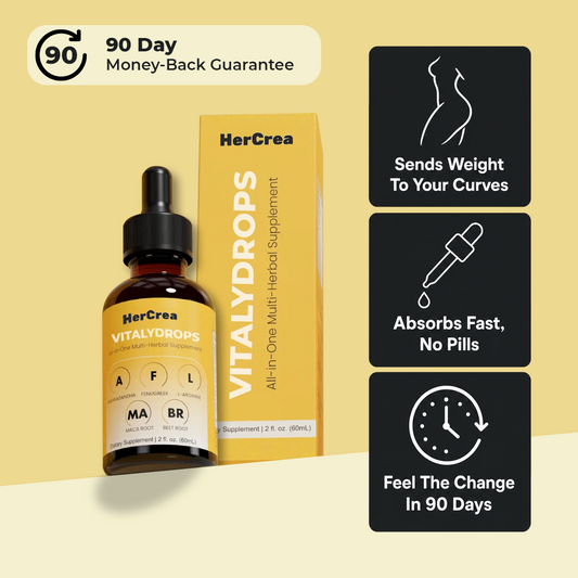 HerCrea VitalyDrops bottle and box with a 90-day money-back guarantee badge