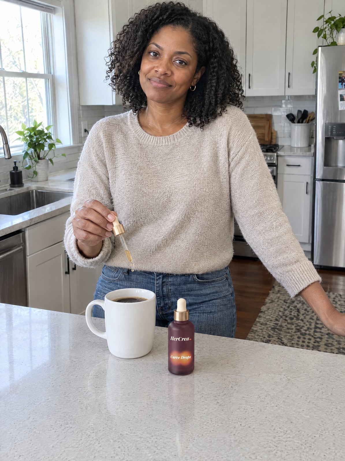 One dropper with her coffee