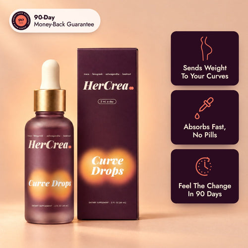 Curve Drops bottle and box: sends weight to your curves, absorbs fast, no pills, feel the change in 90 days, 90-day money-back guarantee