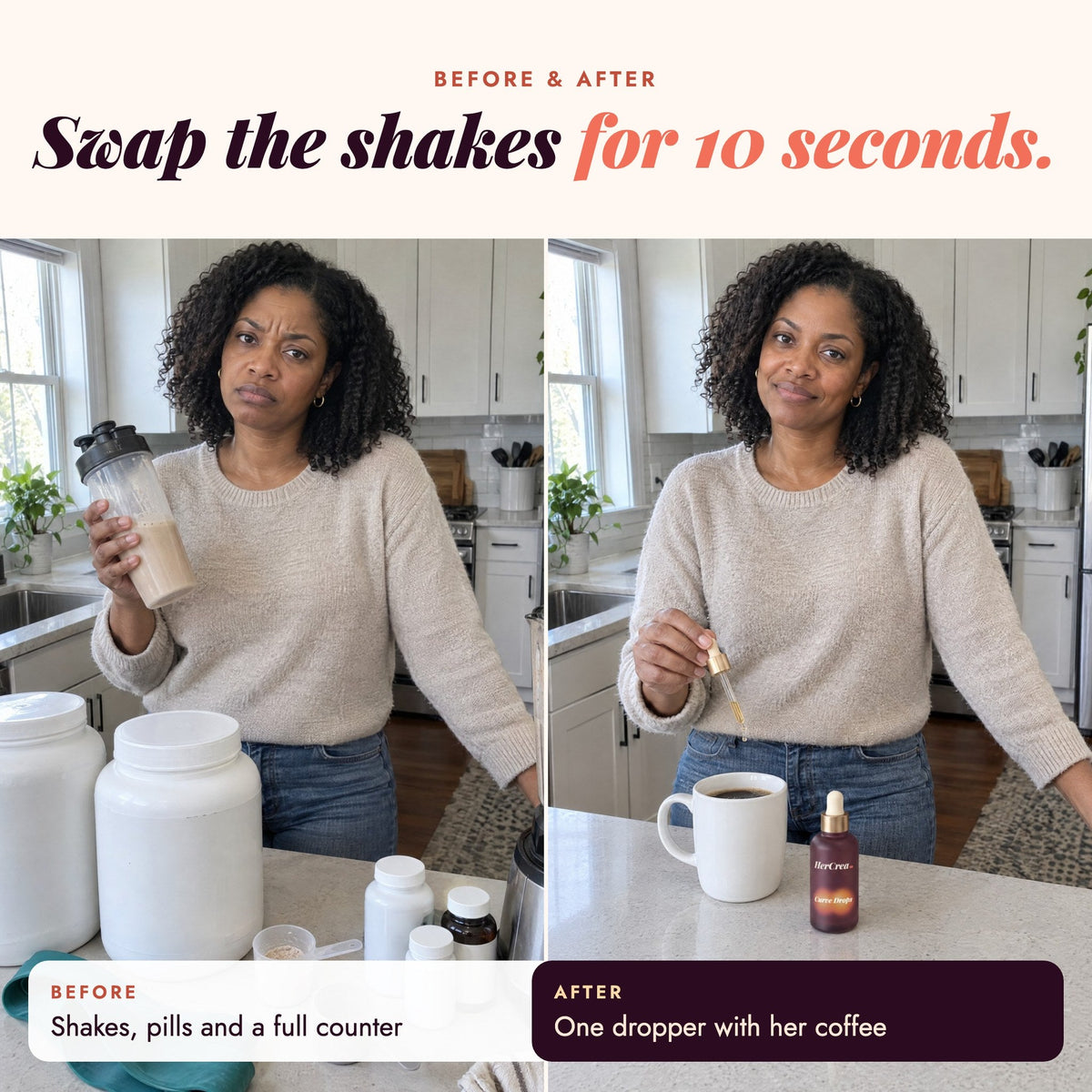 Before and after: the shakes swapped for one dropper